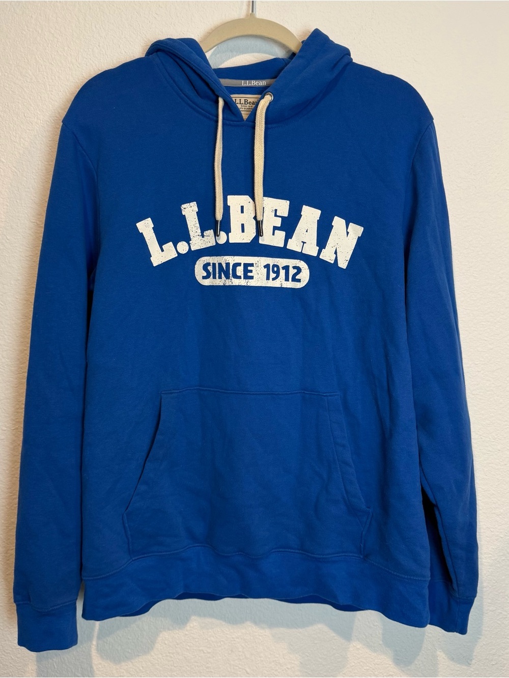 L.L. Bean Blue Hoodie Sweatshirt Spell Out Men's Size L Regular Pocket EUC